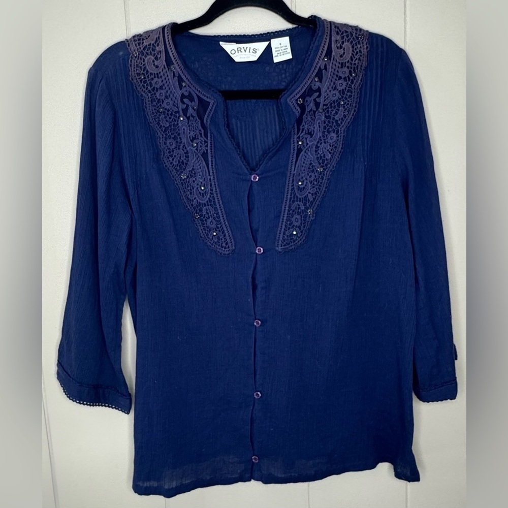 Orvis 100% Cotton Gauze Pin Tuck Boho 3/4 Sleeve Blouse Small